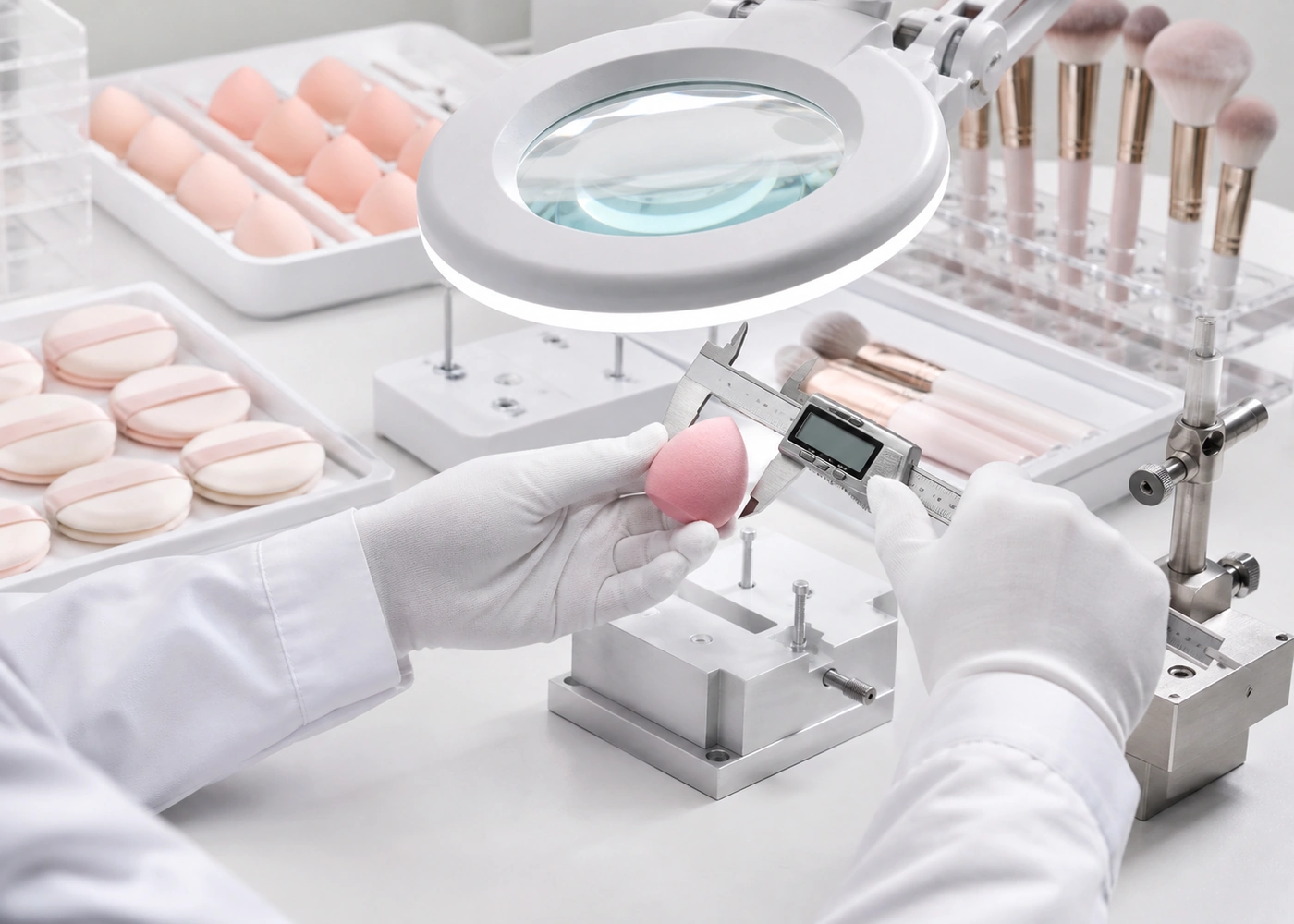 Beauty tool quality technician inspecting a makeup sponge with measurement equipment