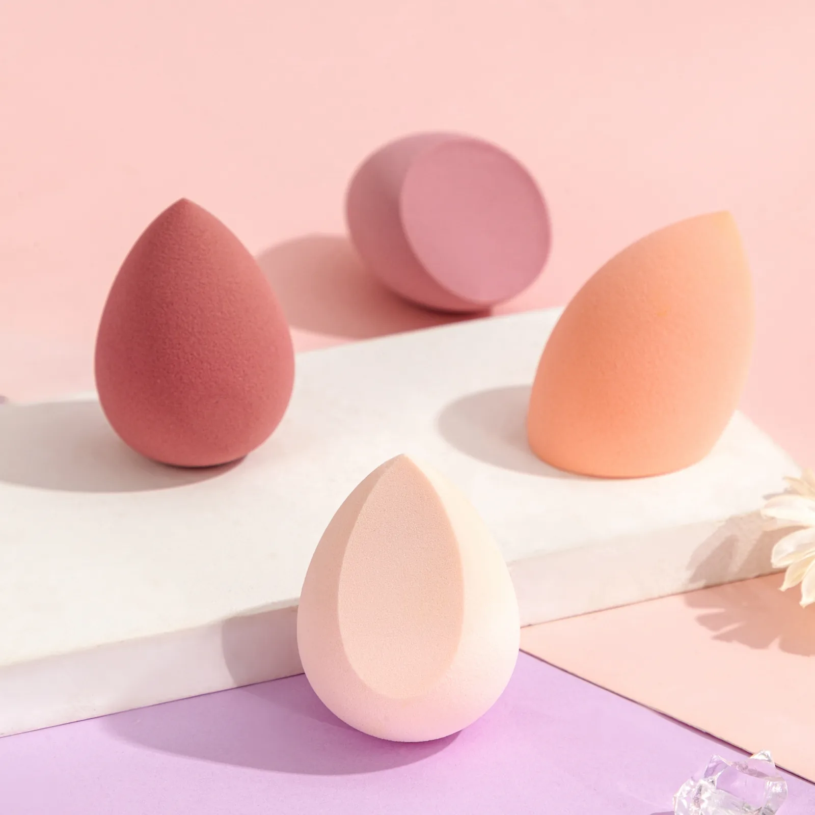 Makeup sponges in several colors and shapes