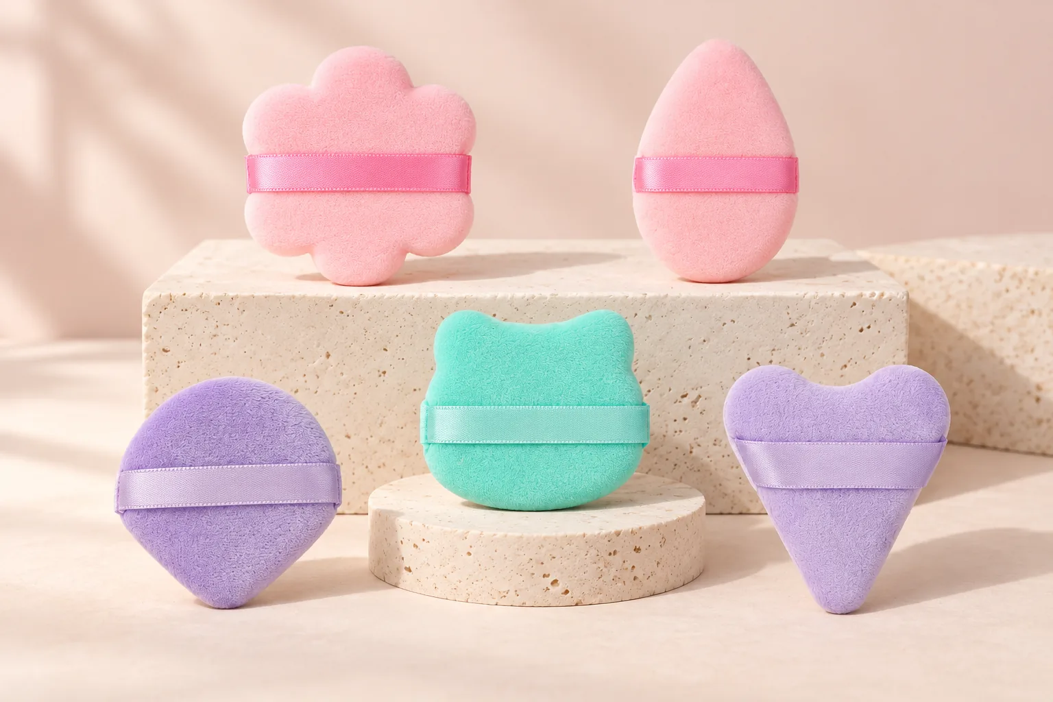 Five real GAMBUR makeup puff shapes in a refined studio scene