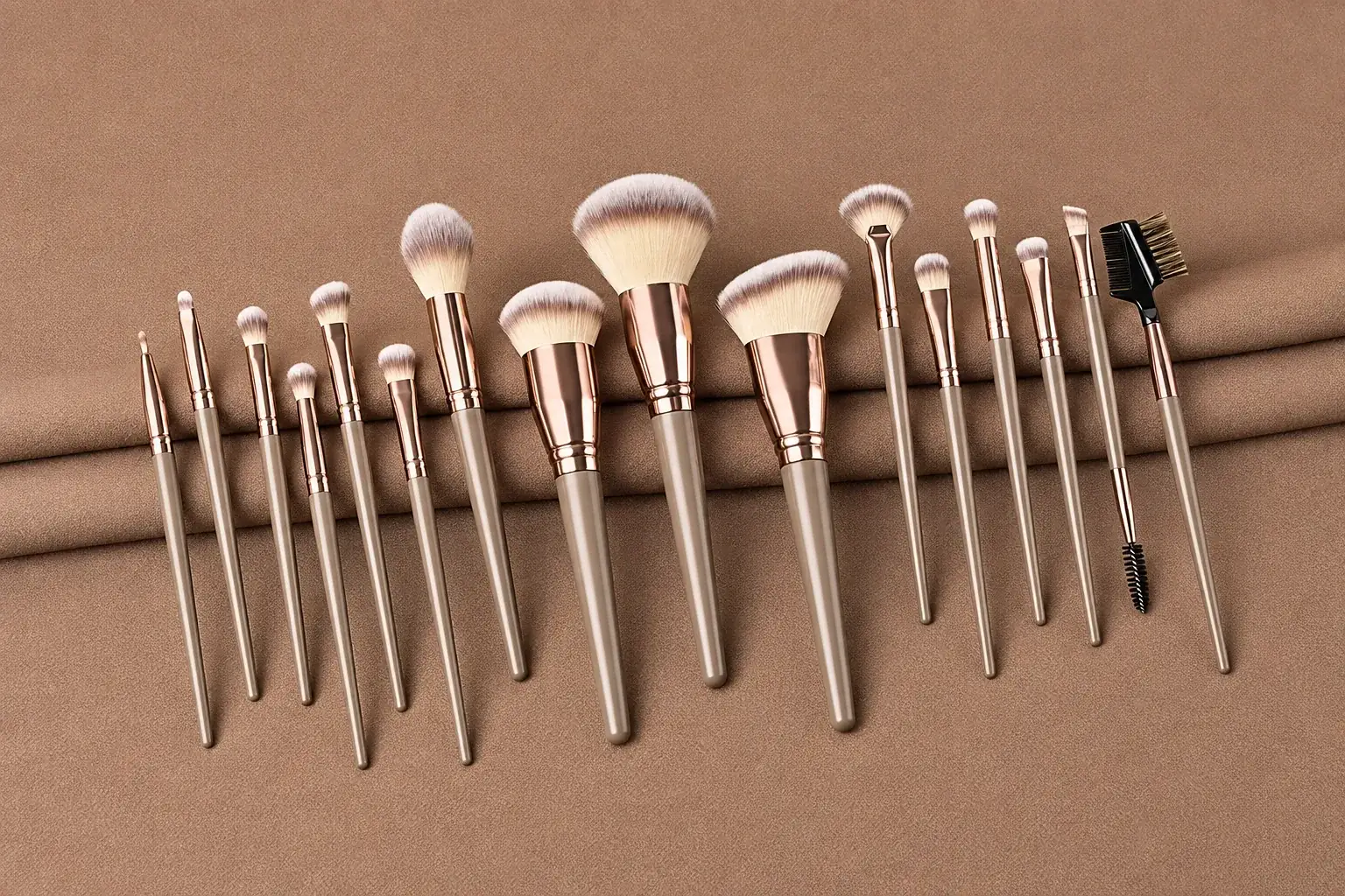 Complete makeup brush collection on a continuous warm taupe background