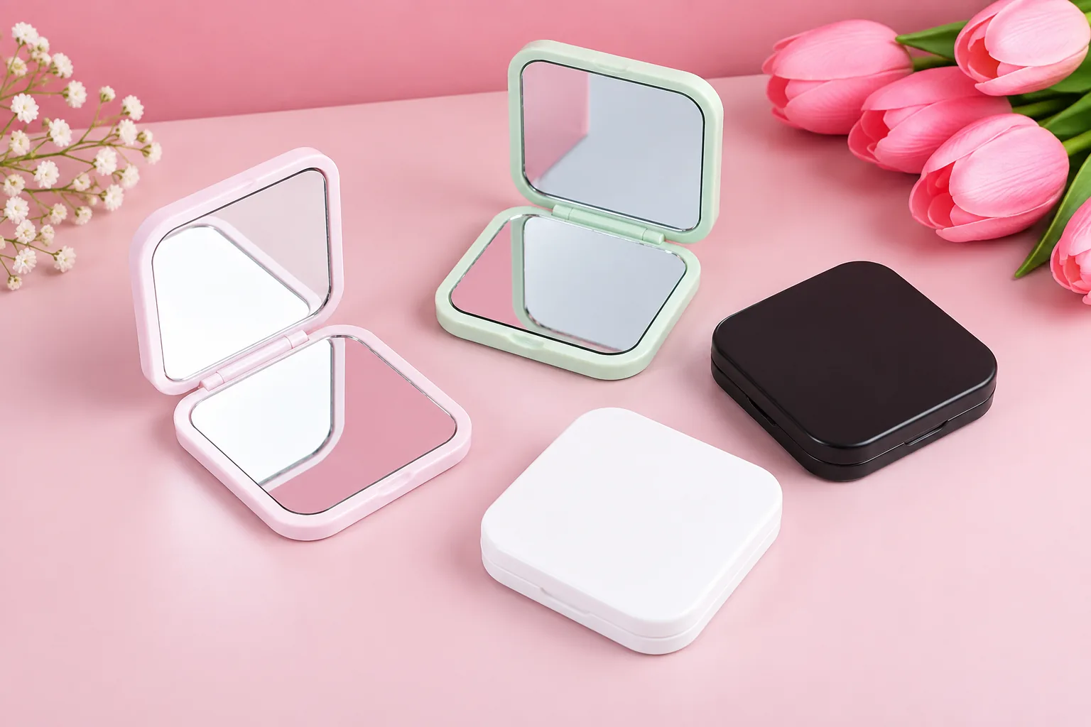 Portable square compact makeup mirrors on a continuous blush background